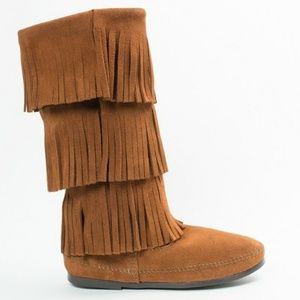 Minnetonka Triple Fringe Suede Moccasin Boots in Chestnut Brown